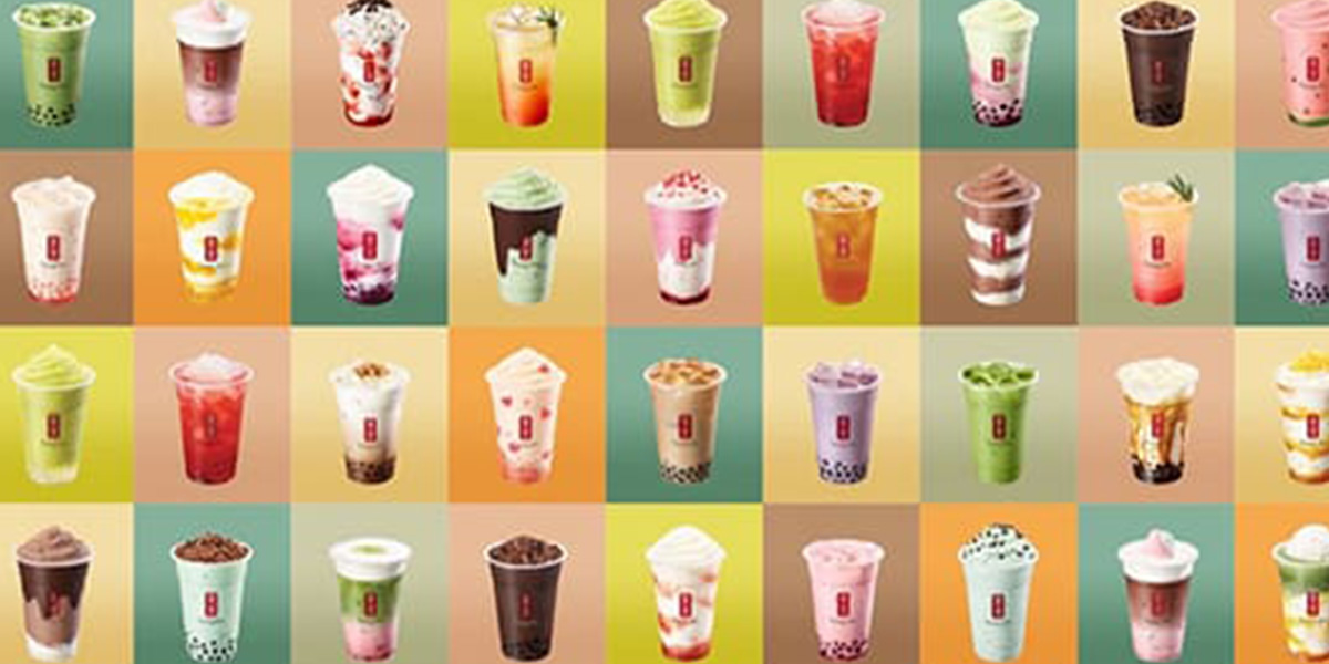 A variety of Gong cha bubble tea beverages in rows